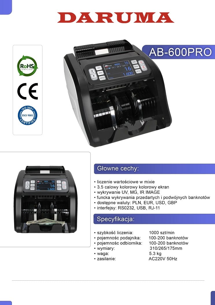 Liczarka Banknotów Daruma AB 600 PRO + Wyświetlacz zewnętrzny - obrazek 5
